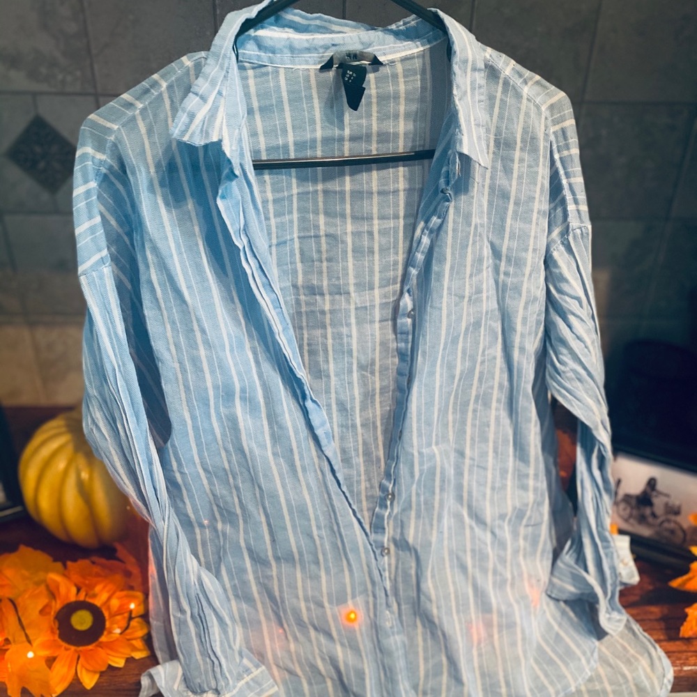 Casual “Beachy” Blue/White Striped Button Up